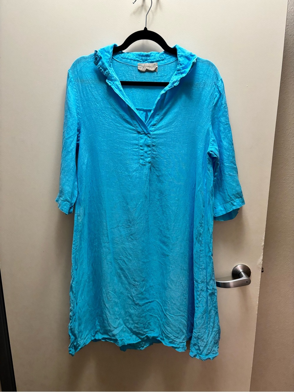 Bright Turquoise 100% linen V-Neck Tunic Dress